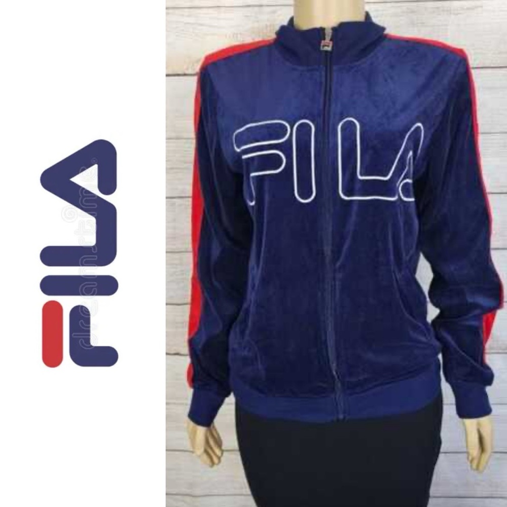Fila Vintage Velour Blue And Red Zip Up Jacket